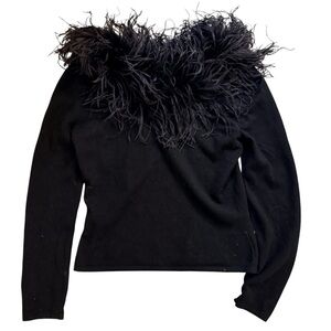Chic Off-the-Shoulder Black Sweater with Feather Detail